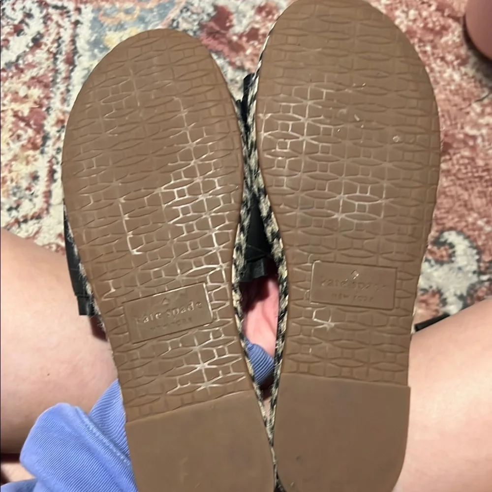 kate spade Black Leather Espadrille Slide Sandals with Braided Jute Trim